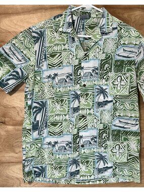 Vintage 90s Royal Creations Medium Hawaiian Camp Shirt  Tribal Boats Palm Tree